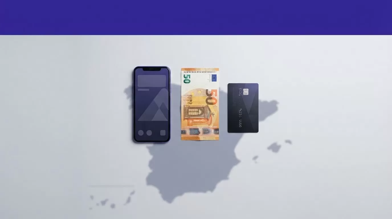 Smartphone beside a euro banknote and payment card on a clean desk.