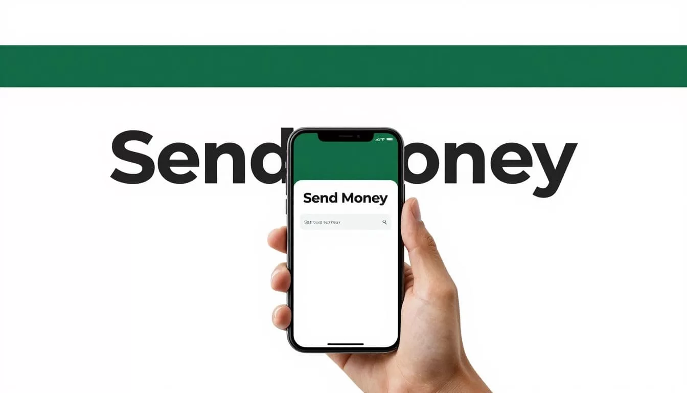 A smartphone showing a money transfer app on a clean workspace.