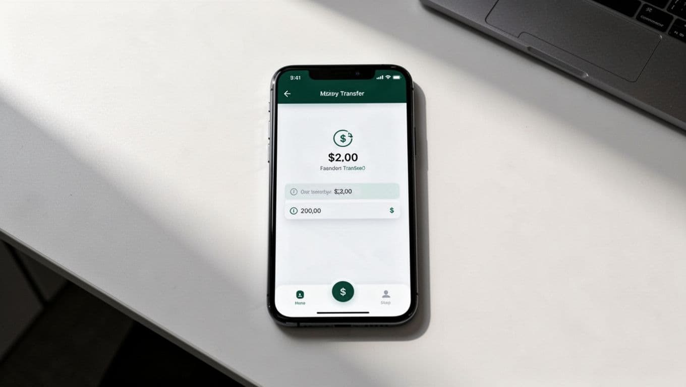 A smartphone shows a money transfer app on a clean desk beneath a green TRANSFER banner.