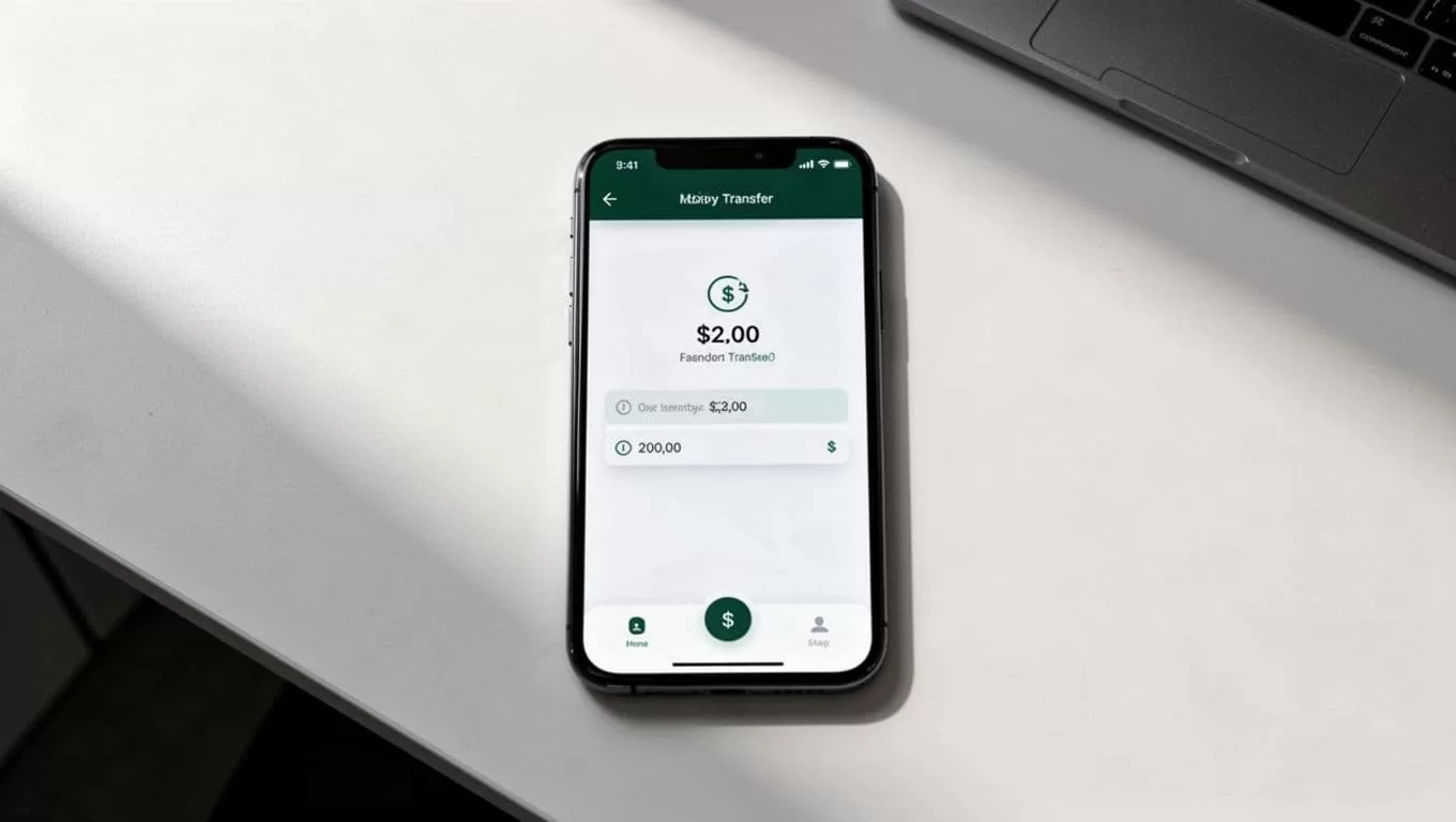 A smartphone shows a money transfer app on a clean desk beneath a green TRANSFER banner.