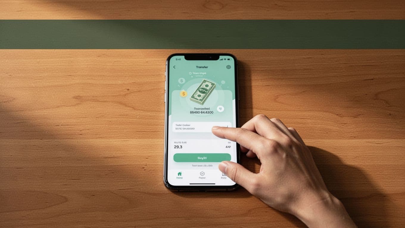A smartphone on a wooden desk displays a money transfer setup.