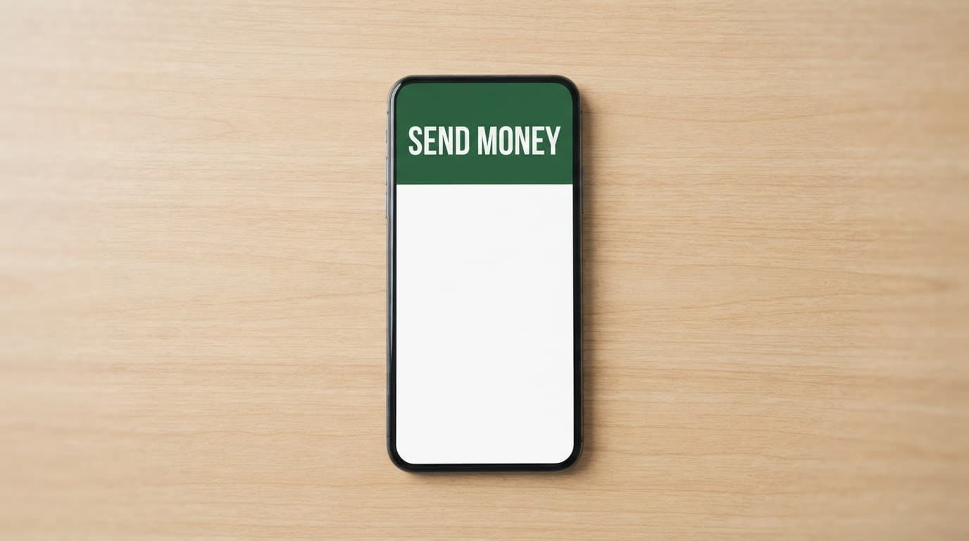 Smartphone showing a money transfer app on a wooden desk.