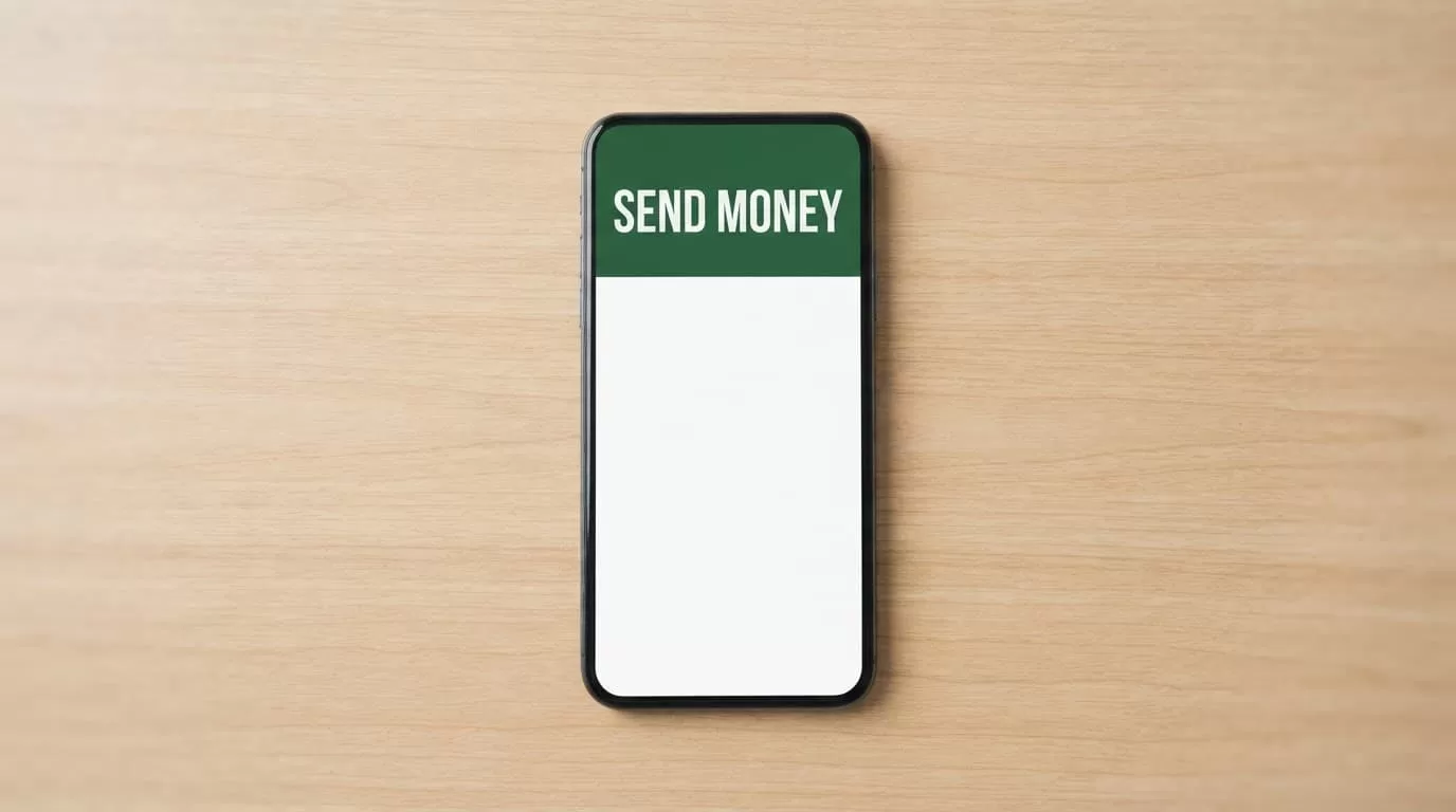 Smartphone showing a money transfer app on a wooden desk.