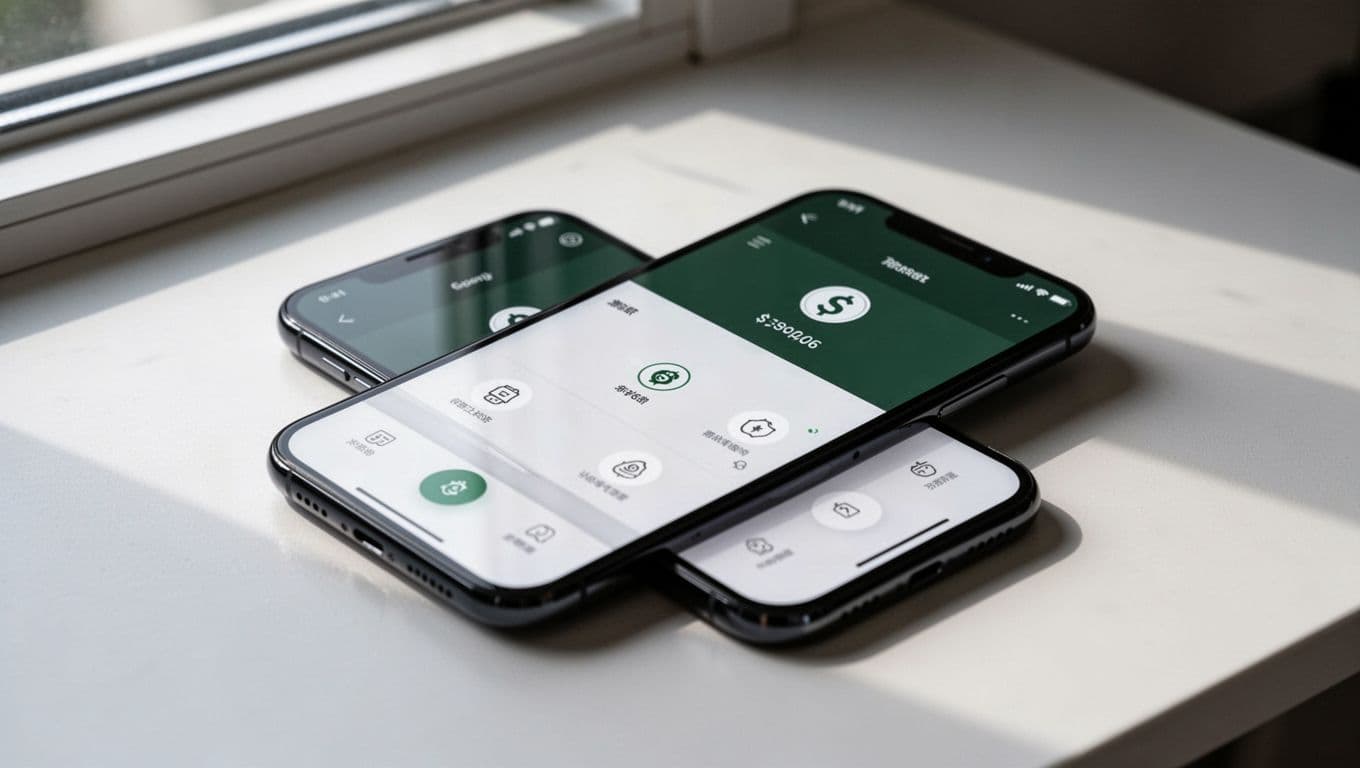 Smartphone showing a money transfer app on a clean desk.