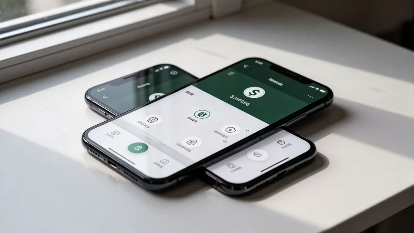 Smartphone showing a money transfer app on a clean desk.