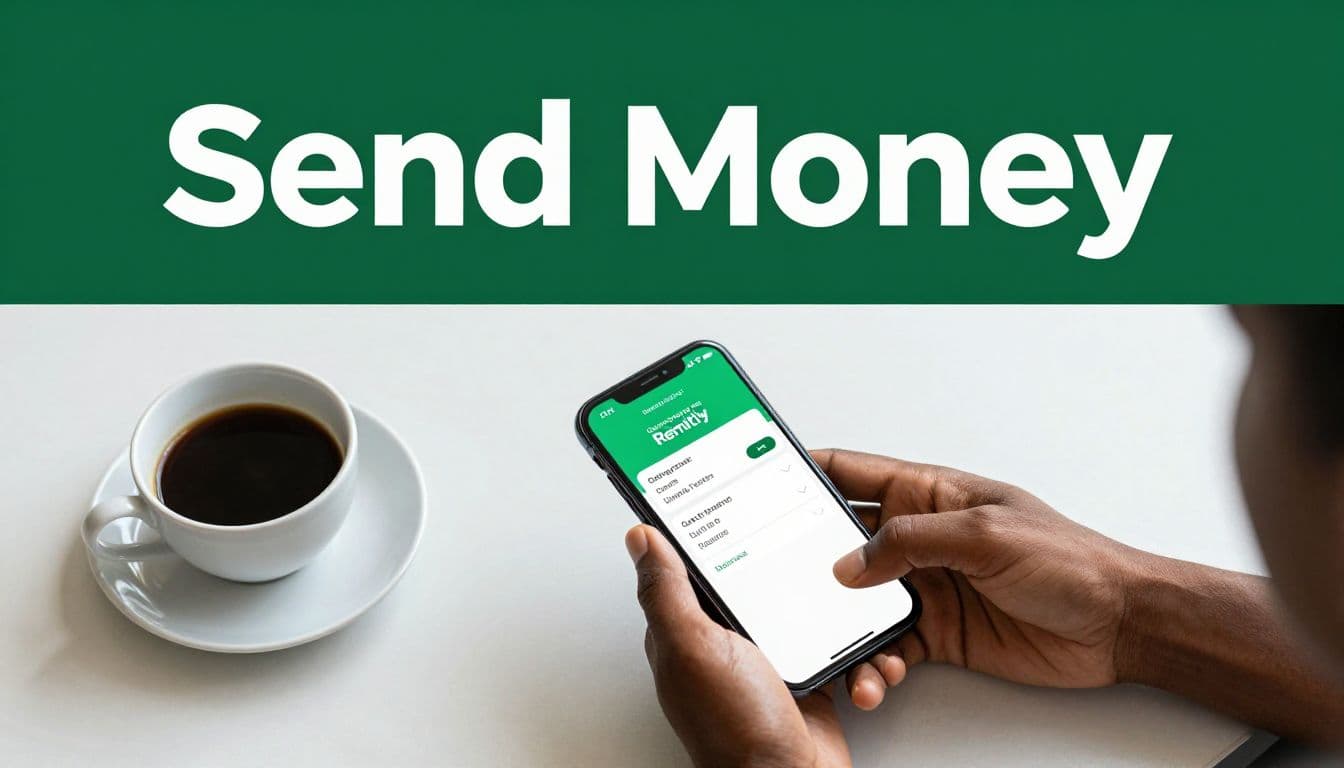Hand using a smartphone for money transfer beside coffee on a modern desk.