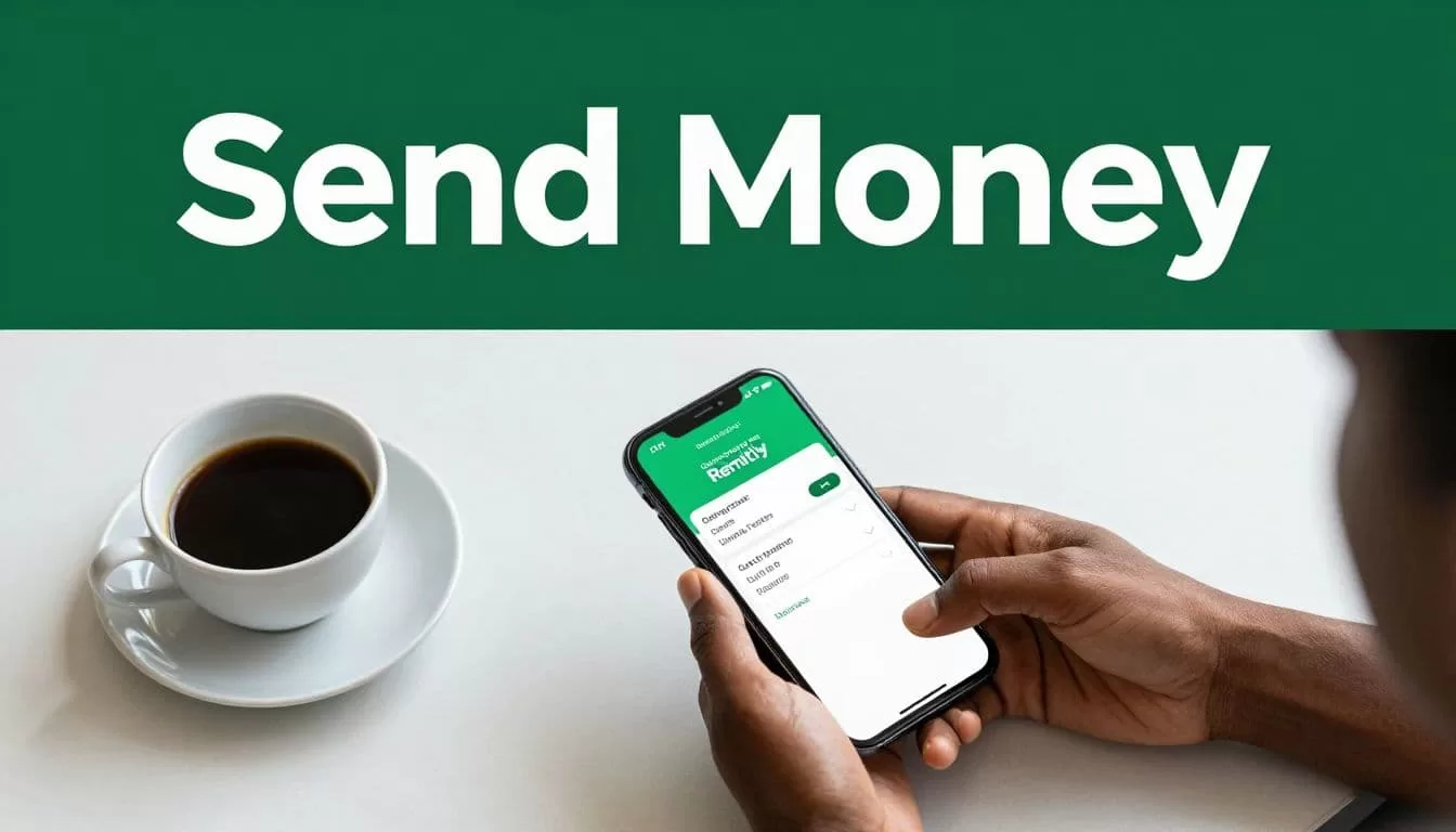 Hand using a smartphone for money transfer beside coffee on a modern desk.