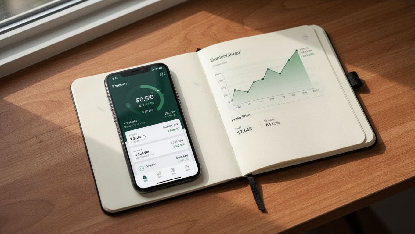 Smartphone showing a money transfer app beside a notebook on a wooden desk.
