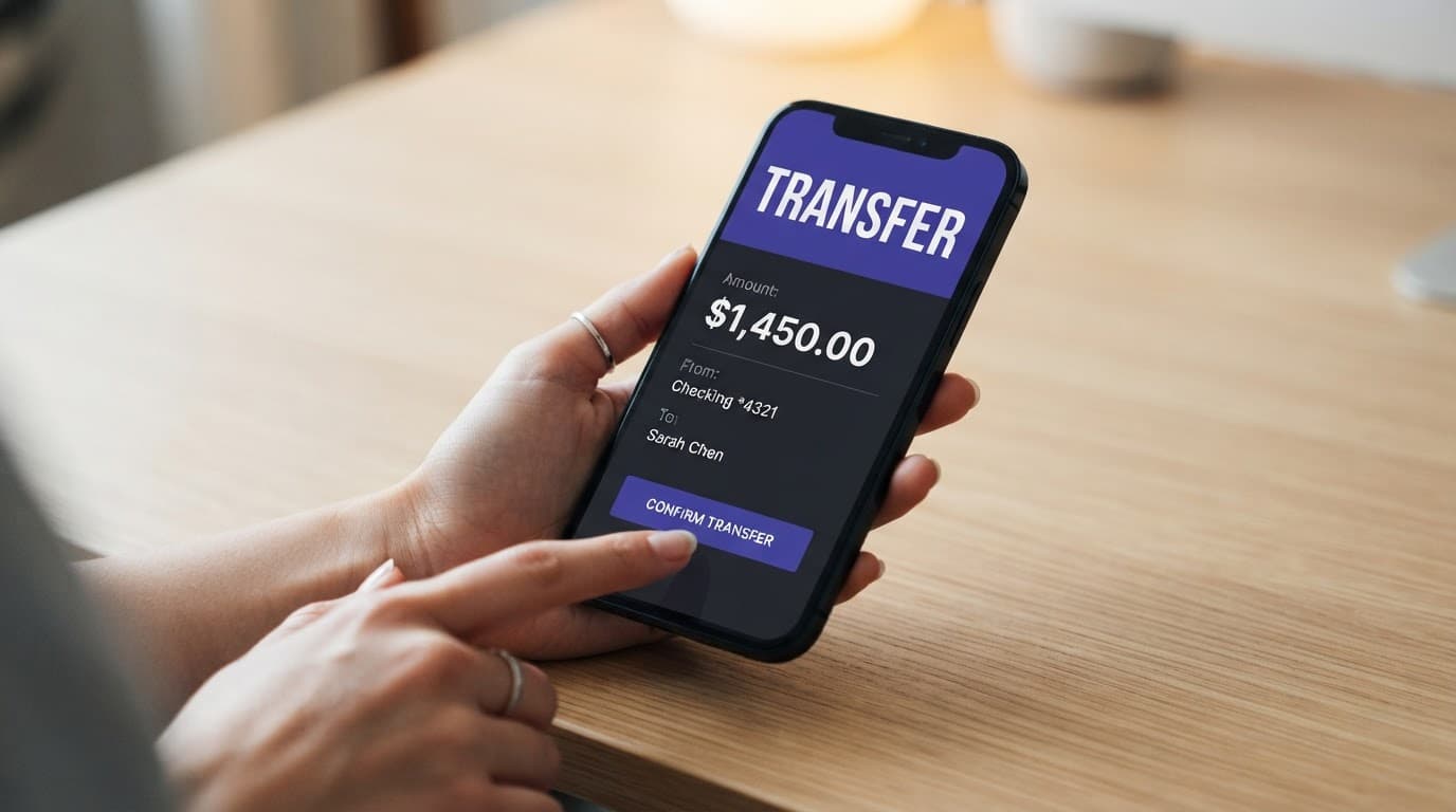 A smartphone showing a money transfer interface on a clean desk.