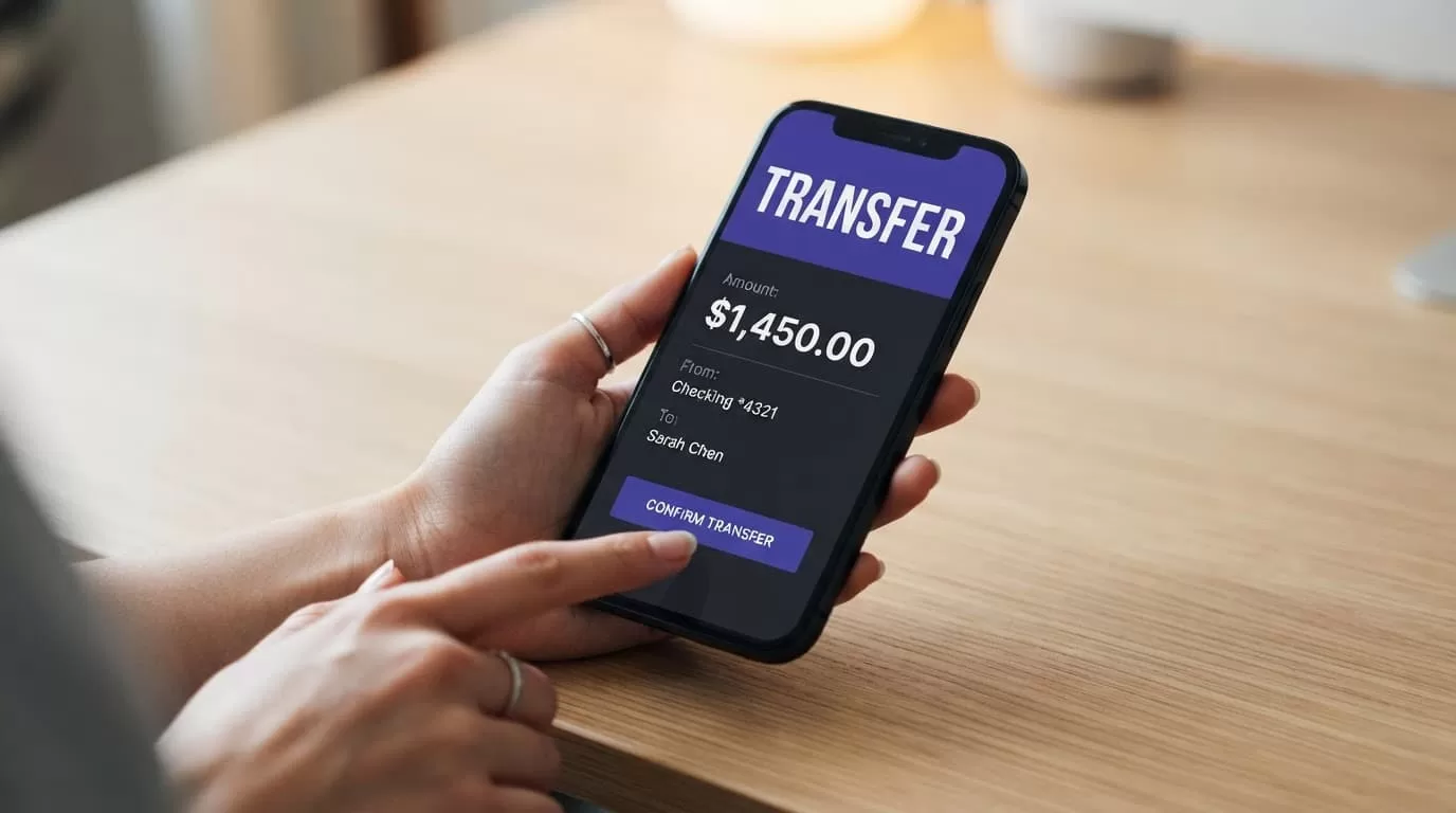 A smartphone showing a money transfer interface on a clean desk.