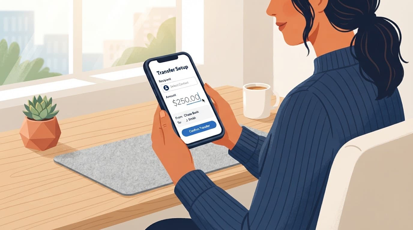 A hand holds a smartphone with a money transfer app over a clean desk.