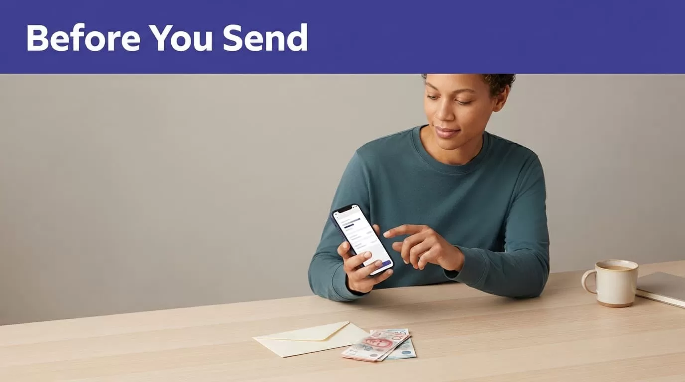 One person reviews a money transfer on a smartphone beside an envelope.