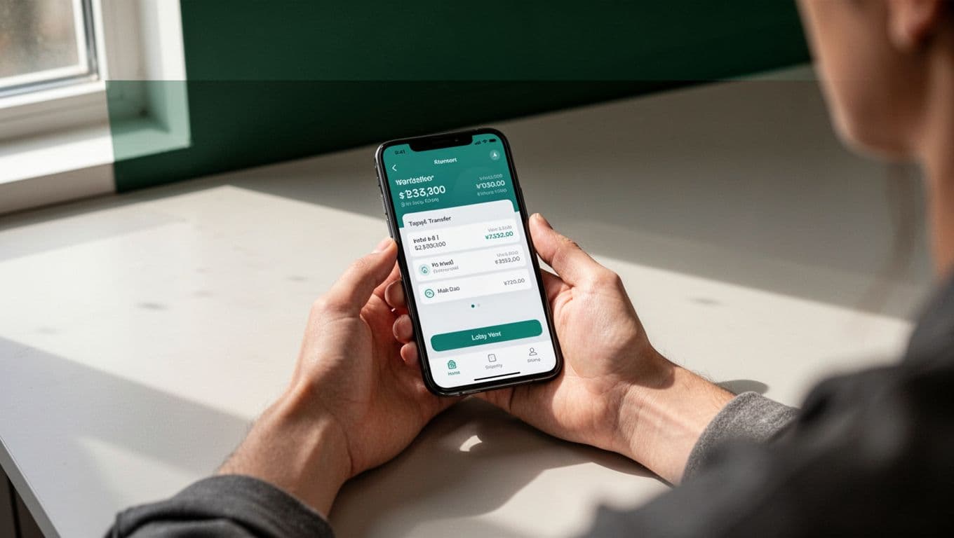 A smartphone shows a transfer screen on a clean desk with one person nearby.