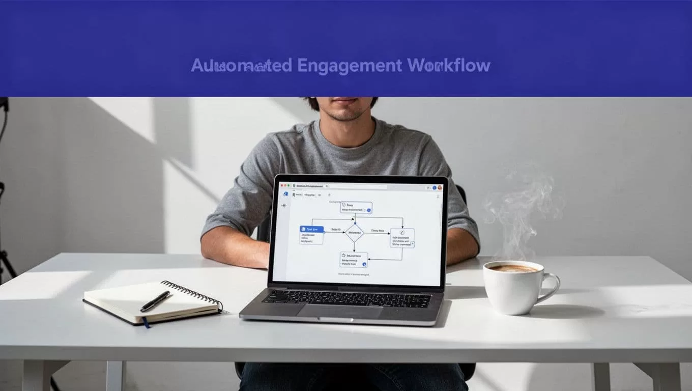A marketer reviews an engagement workflow on a laptop beside a notebook and coffee.
