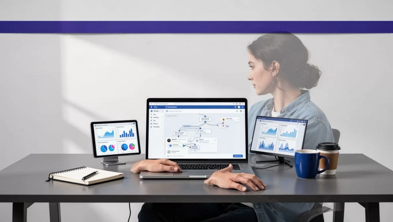 A manager reviews a laptop beside analytics, a notebook, and coffee.