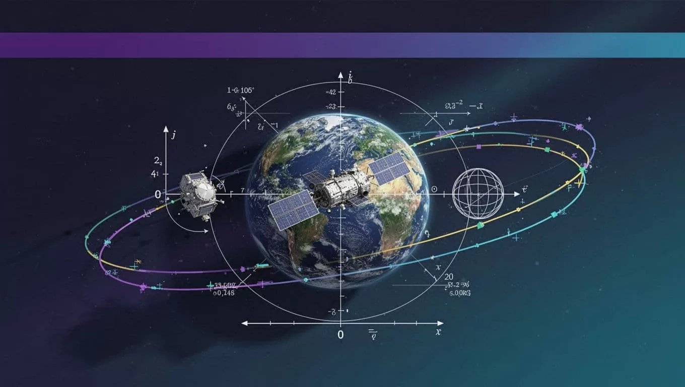 Spacecraft and Earth diagram showing axes, time markers, and compared orbital paths.