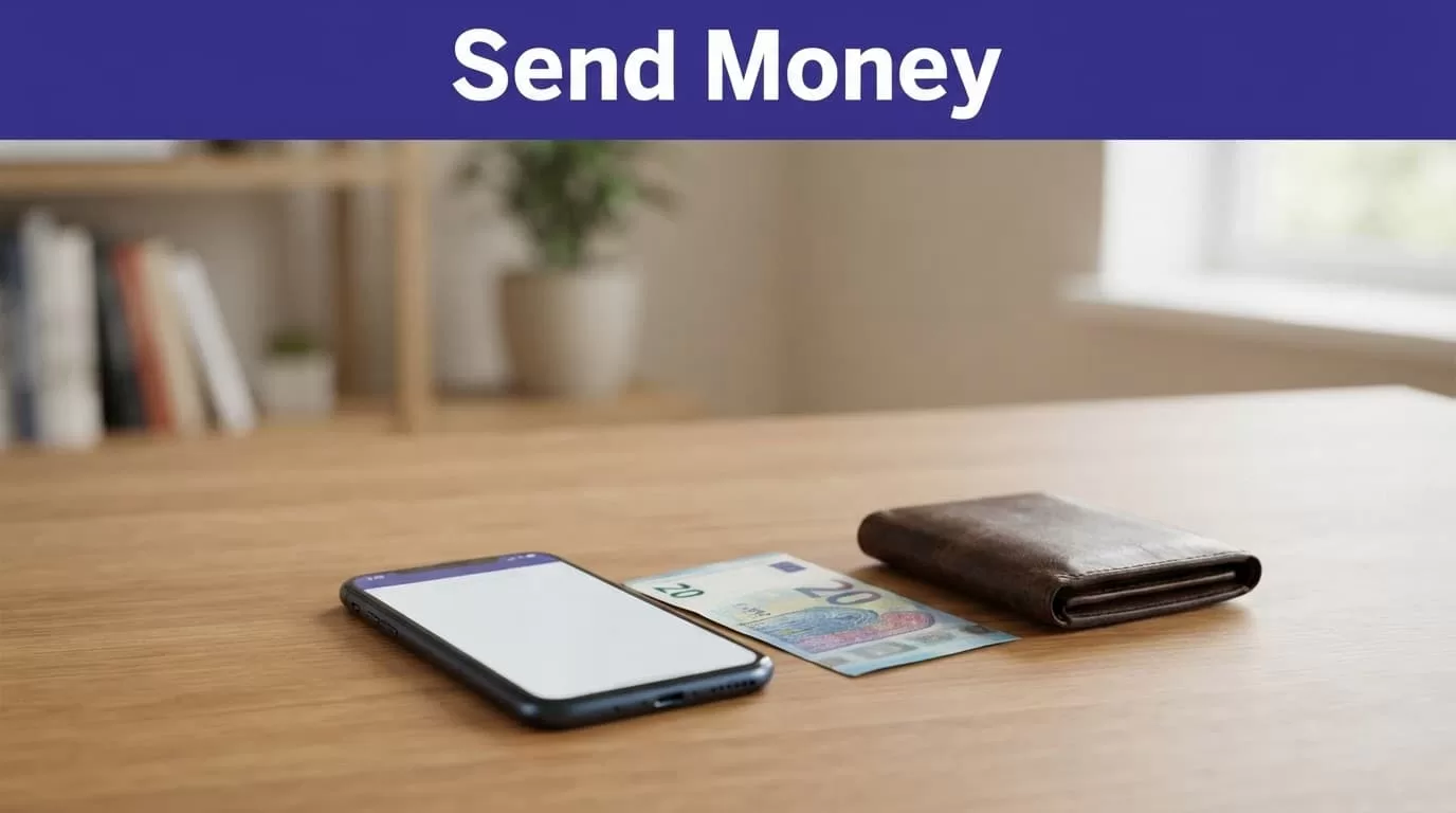 Smartphone beside a euro note and travel wallet beneath an indigo banner.