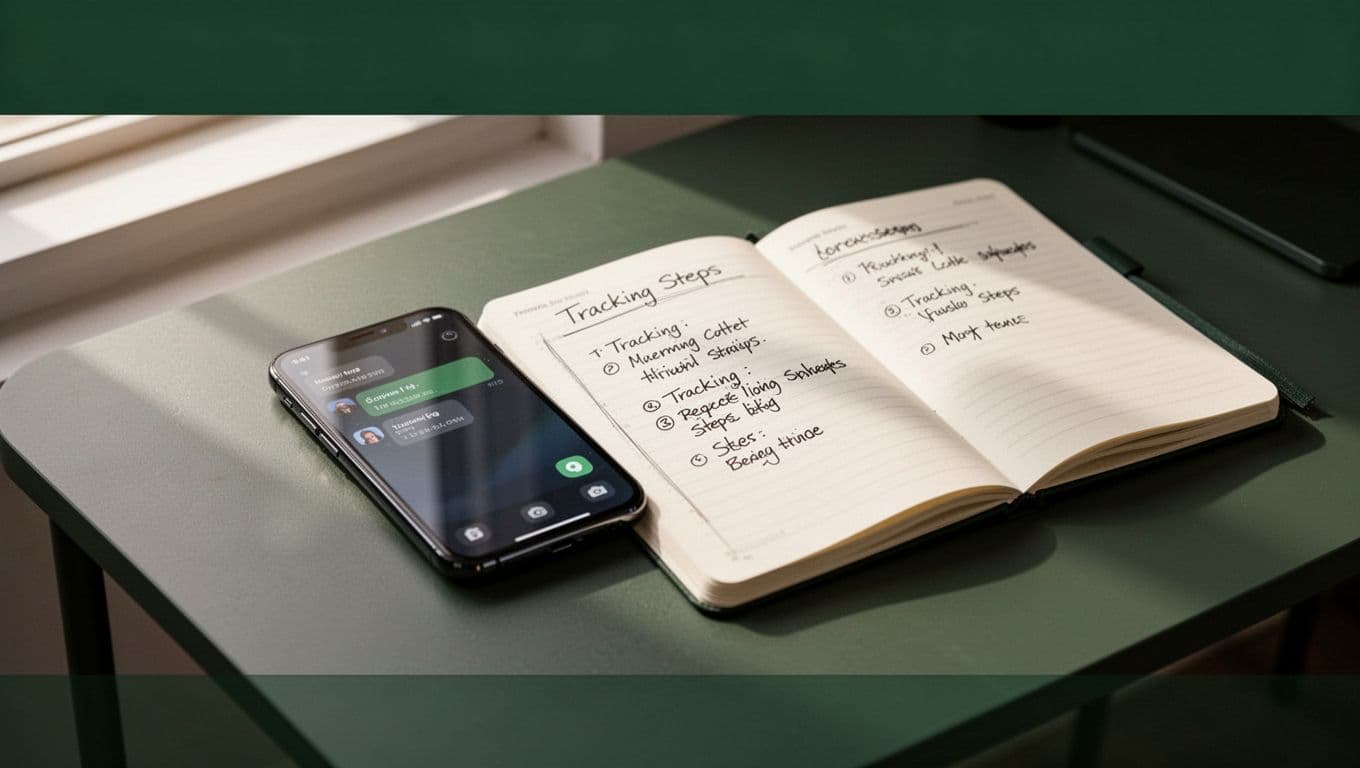 A smartphone and notebook sit beneath a dark-green Status Alerts headline band.