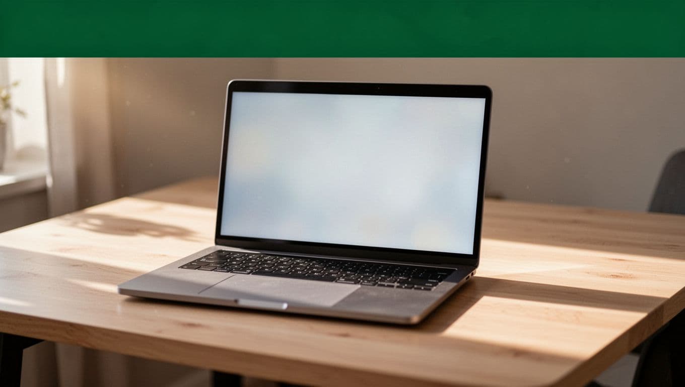 A laptop on a wooden desk beneath a dark-green Step By Step banner.