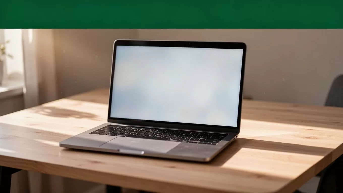 A laptop on a wooden desk beneath a dark-green Step By Step banner.