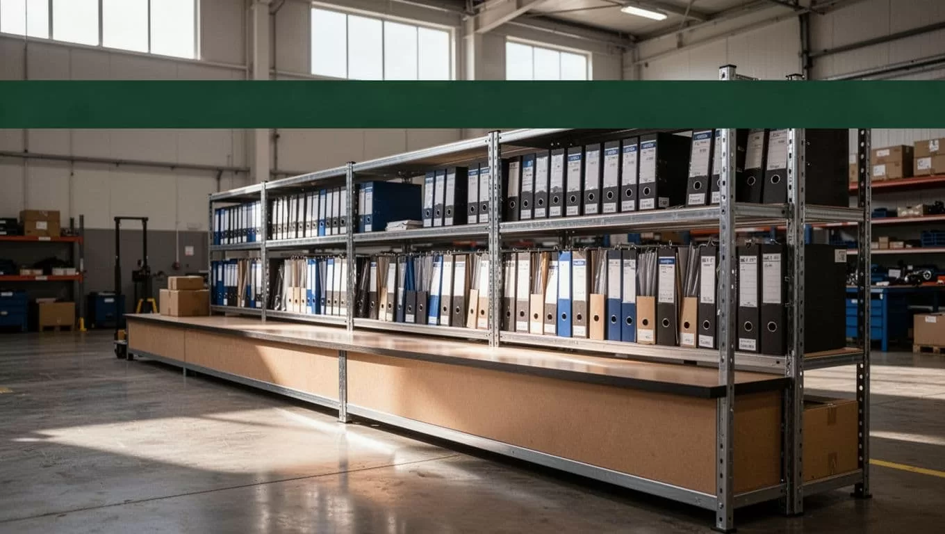 A desk with inventory records, clean shelves, and a green Store Transfer banner.