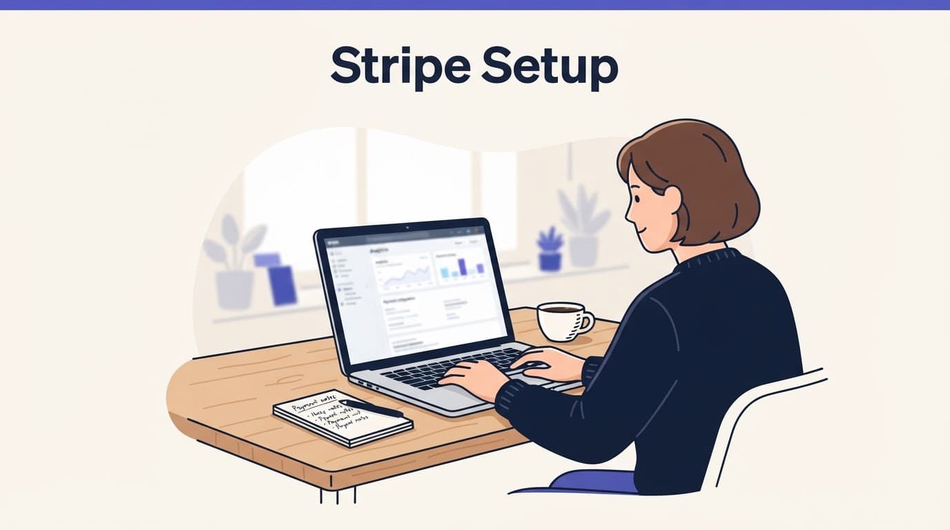 A founder reviews payment setup notes beside a laptop and coffee cup.