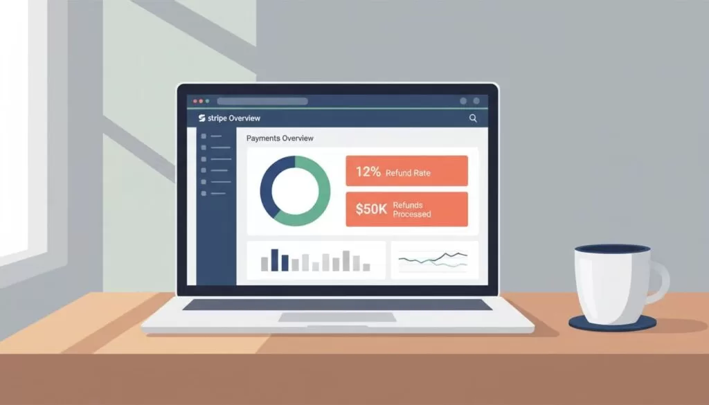 Modern illustration of Stripe dashboard on a laptop screen displaying payments overview with highlighted refund metrics, centered on a simple desk with a coffee mug in natural daylight lighting.