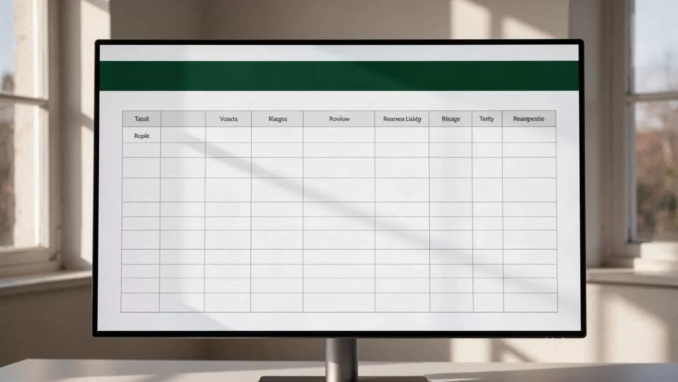 Monitor showing a structured data table beneath a bold Dataset headline.