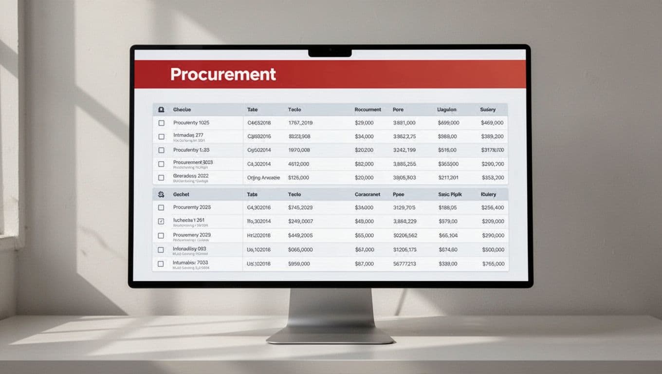 Screen showing organized procurement records beneath a bold Data Pipeline banner.