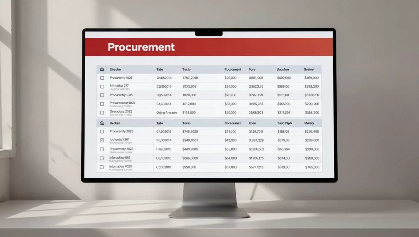 Screen showing organized procurement records beneath a bold Data Pipeline banner.