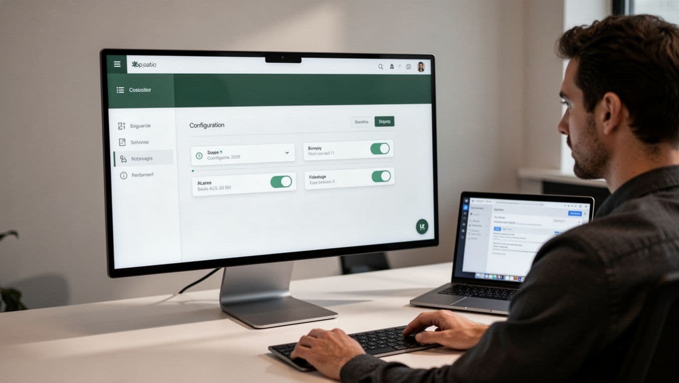 An operator views a software configuration dashboard on a laptop.