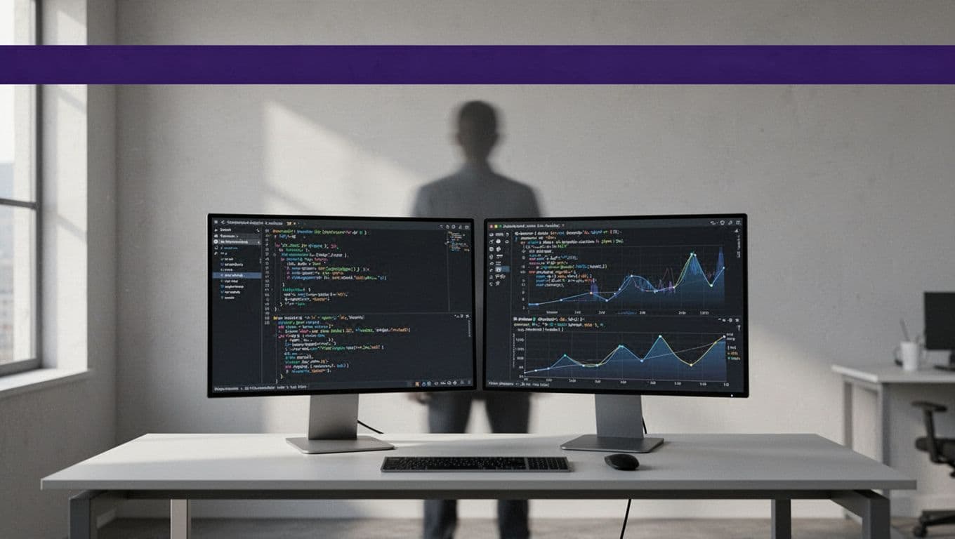 Support Agents headline above screens with code and graphs, plus a blurred person in the background.