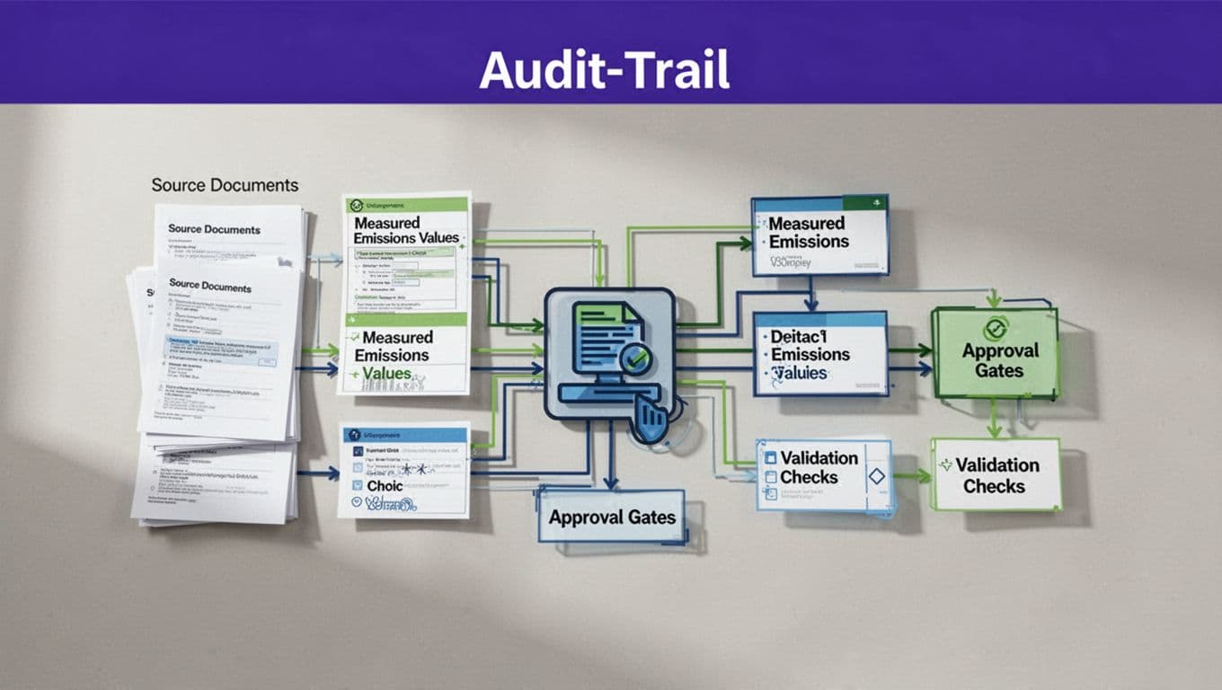 Linked records show emissions data moving through checks and approval steps.