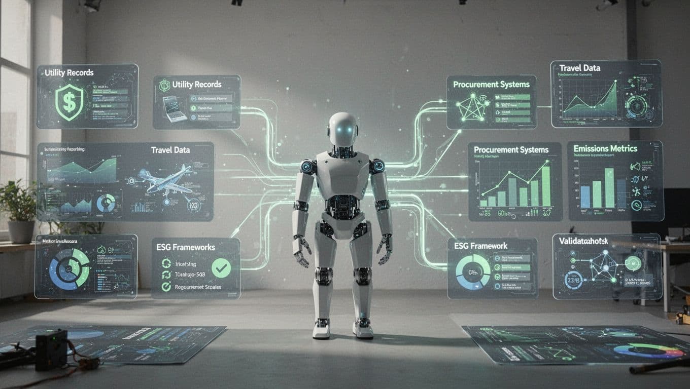A central reporting bot connects business data panels to emissions metrics and a compact dashboard.