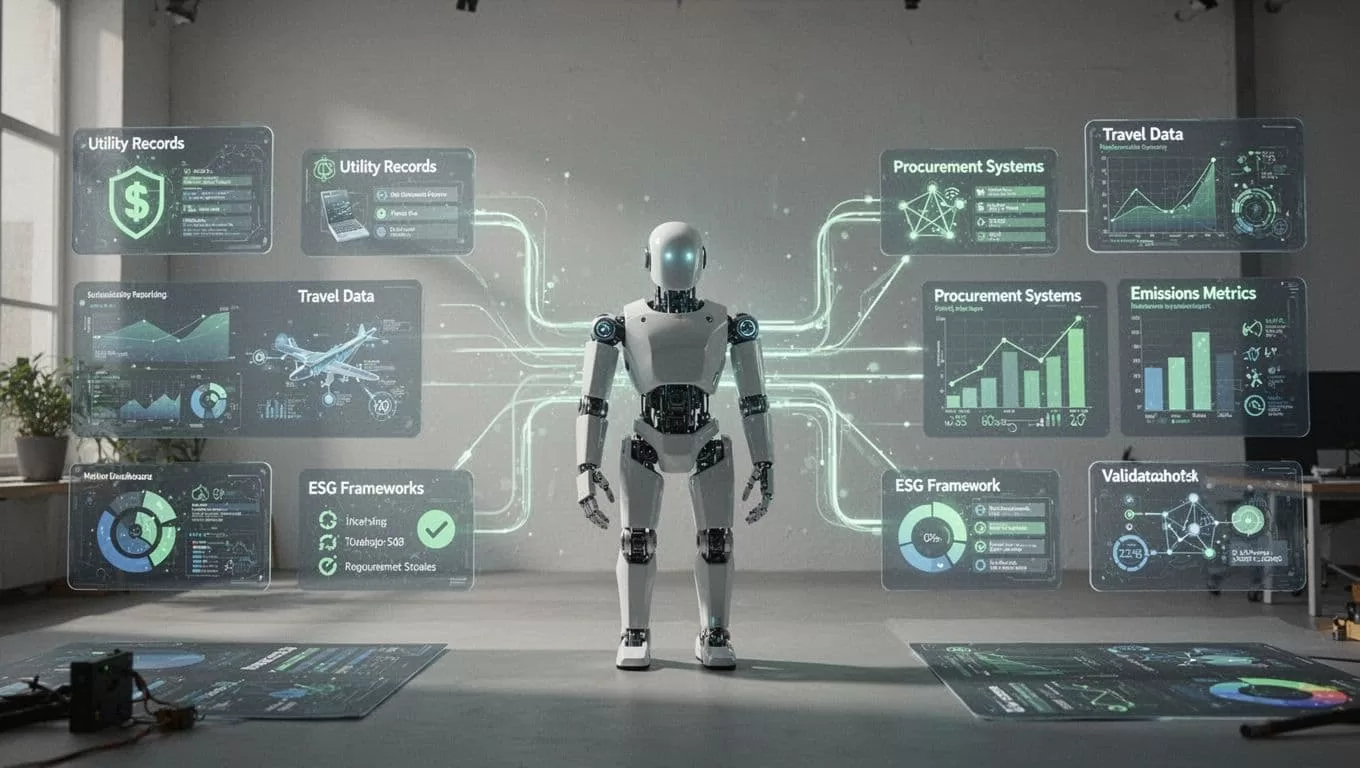 A central reporting bot connects business data panels to emissions metrics and a compact dashboard.