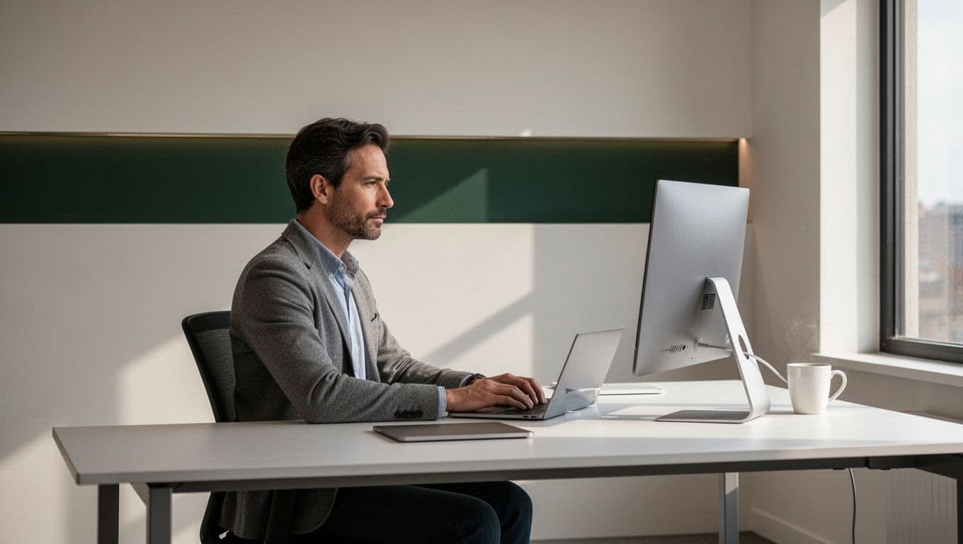 One person works at a sleek monitor beneath a dark-green System Architecture banner.