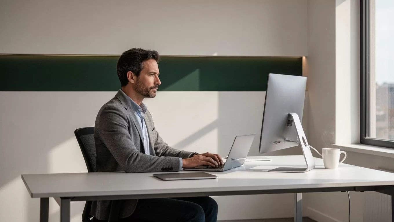 One person works at a sleek monitor beneath a dark-green System Architecture banner.