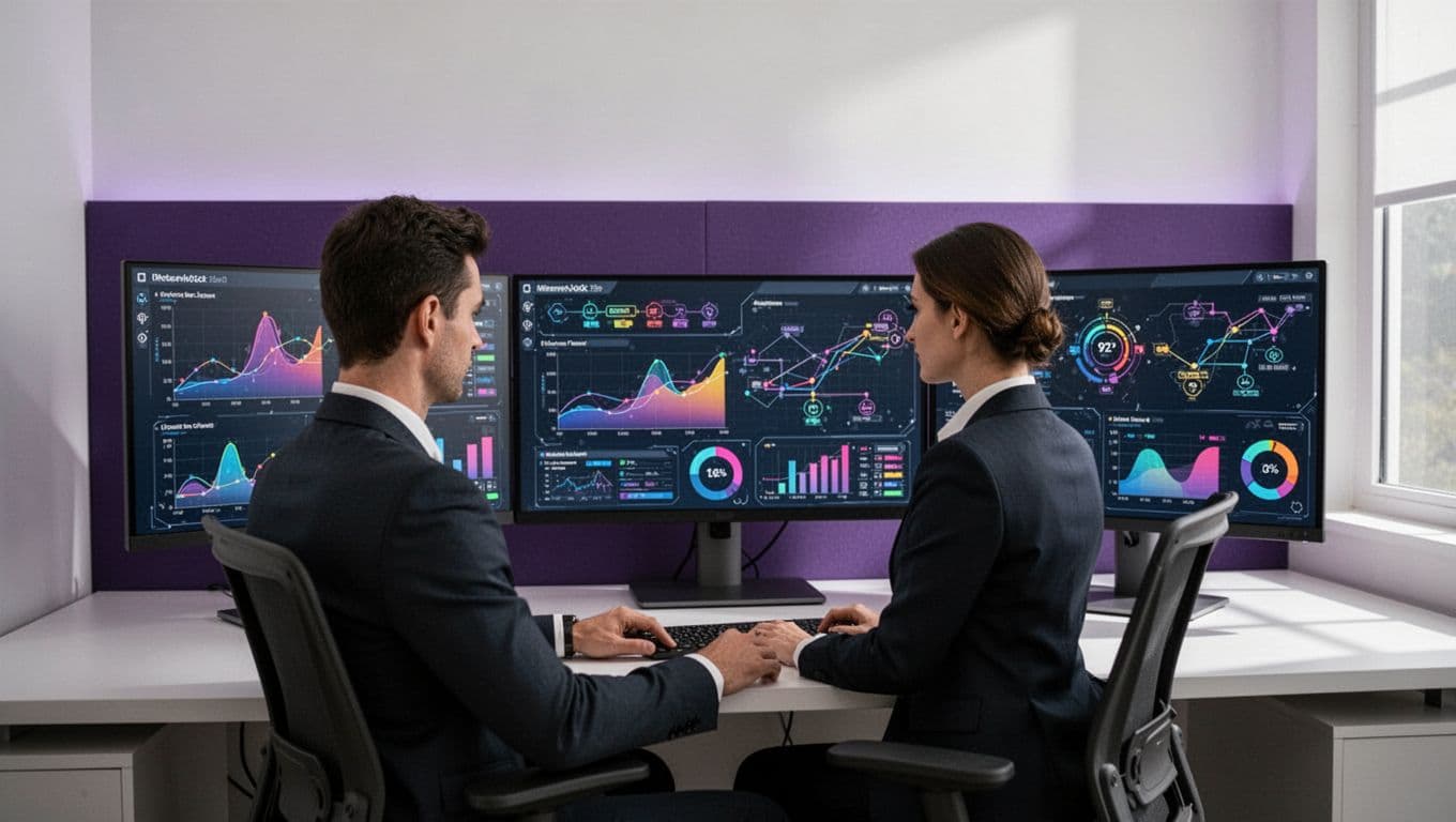 A person at a clean workstation displaying system metrics and workflow status.