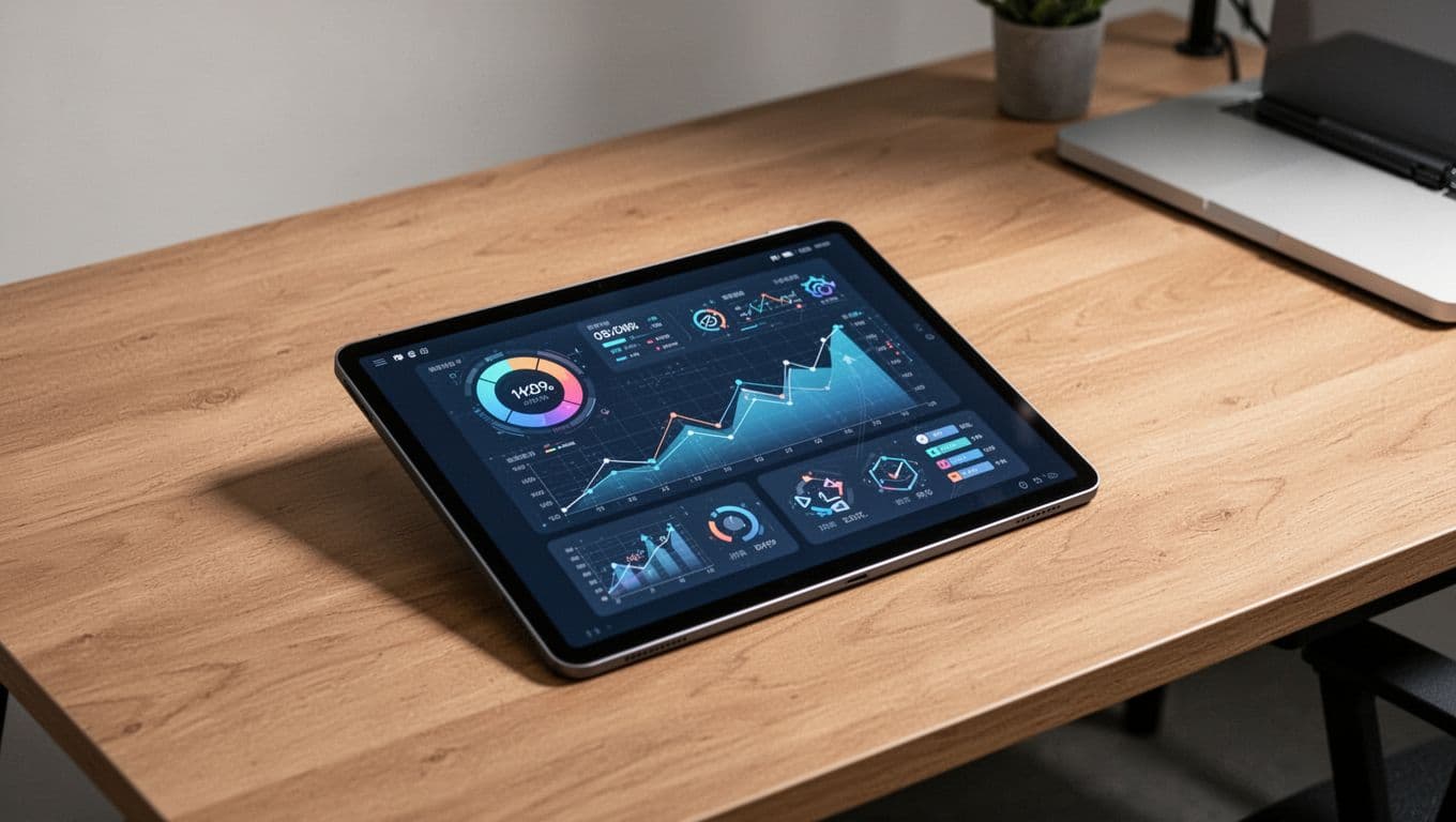 Tablet displaying a money transfer dashboard on a wooden desk.