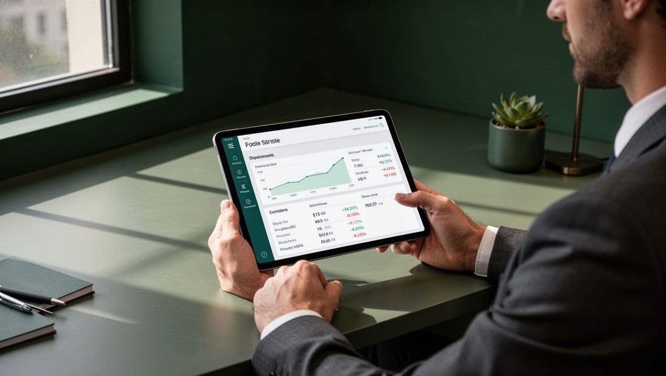 A person reviews a financial summary on a tablet at a professional workspace.