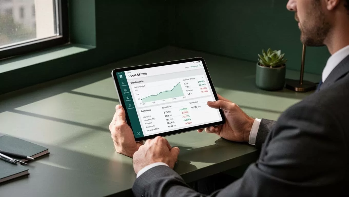 A person reviews a financial summary on a tablet at a professional workspace.