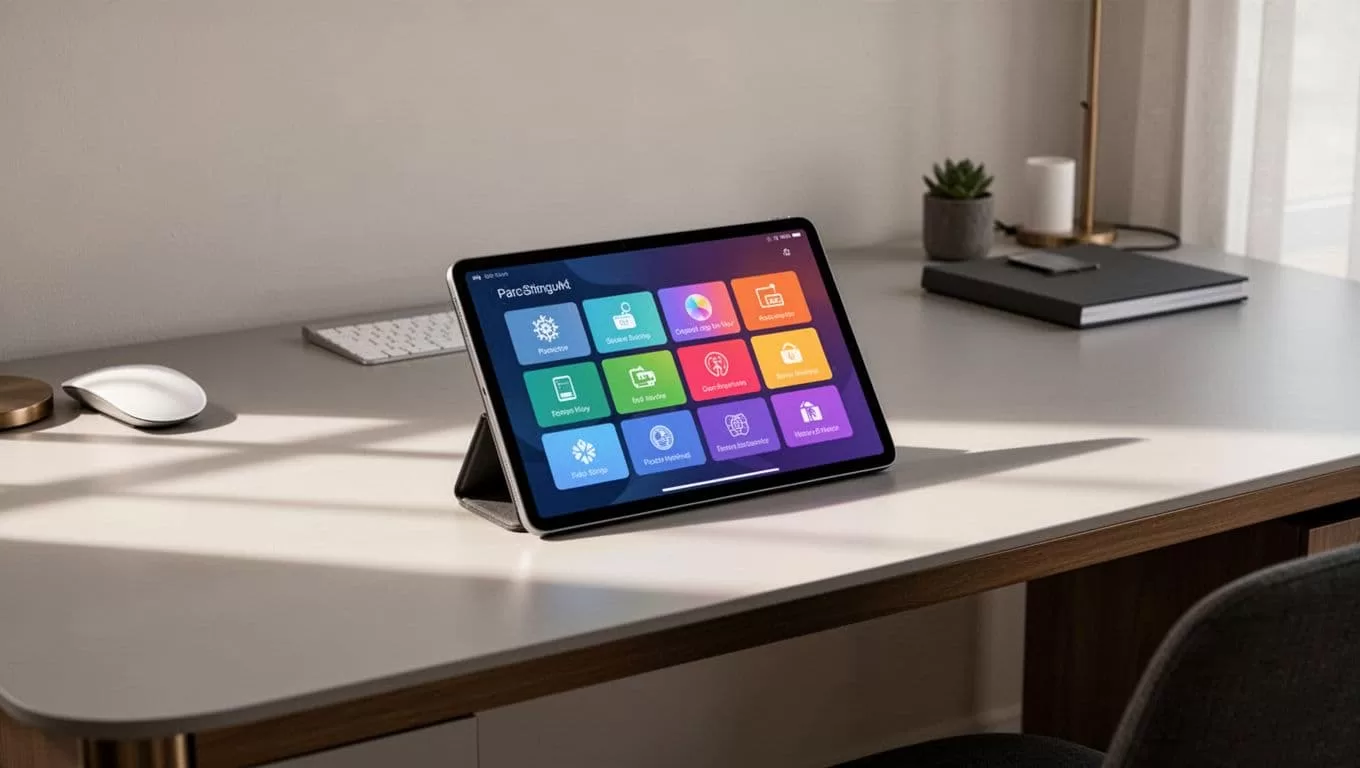 A tablet showing project boards on a clean modern desk.