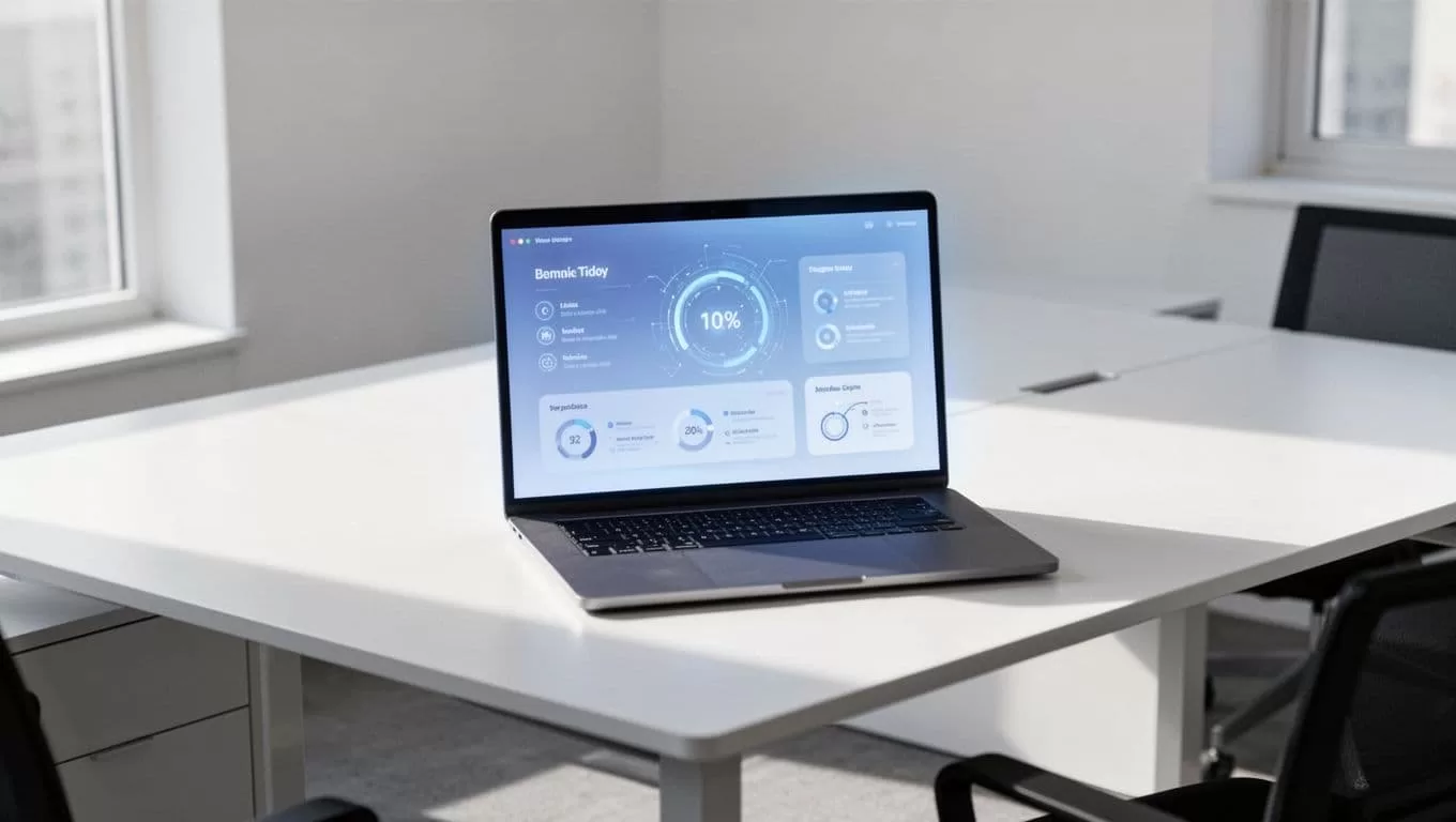 Laptop displaying a talent database dashboard on a clean modern office desk.