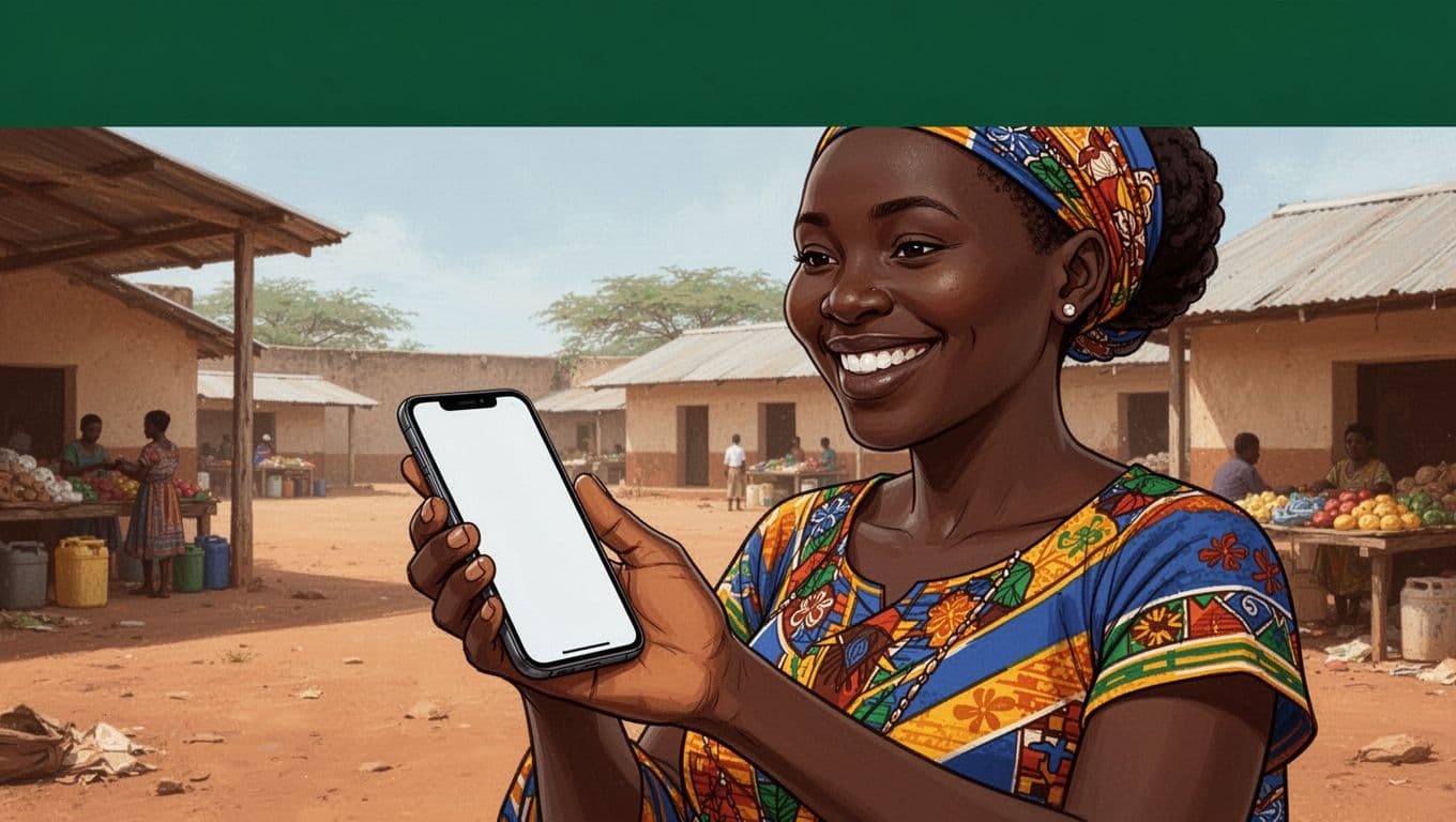 Editorial graphic showing a mobile wallet payout in Tanzania with a dark-green band above.