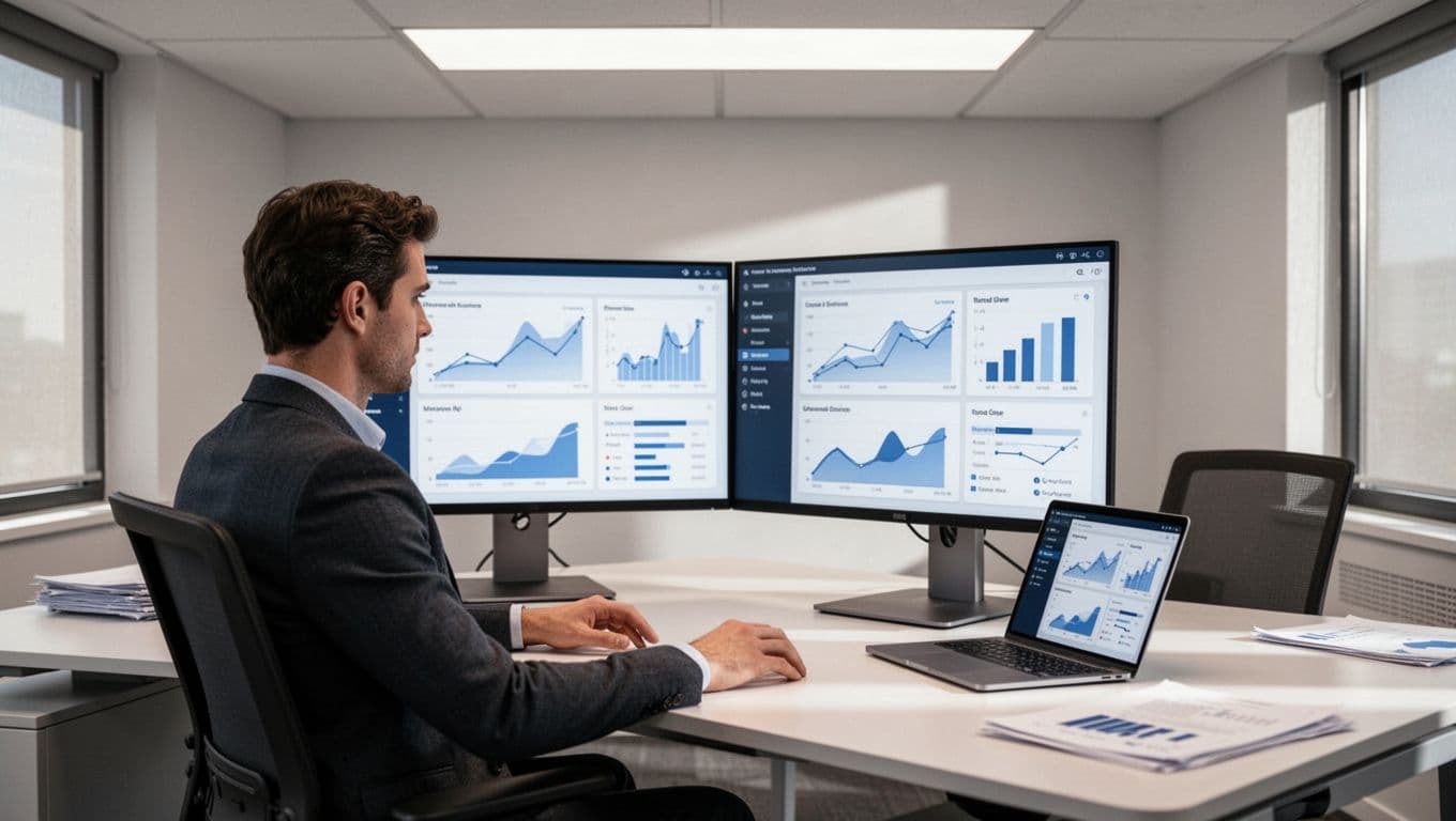 A professional works at a desk with dual monitors beneath a Tax Automation banner.