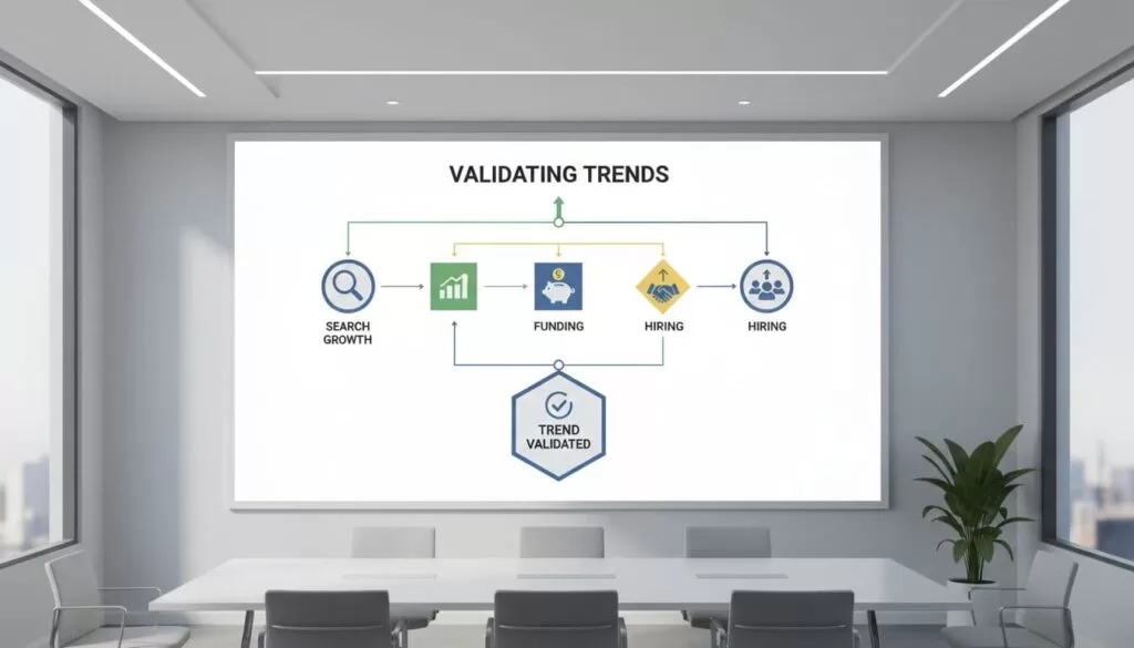 Modern illustration of a flowchart diagram on a whiteboard showing steps to validate tech startup trends like search growth, funding, and hiring, using simple icons in an empty conference room with soft lighting.