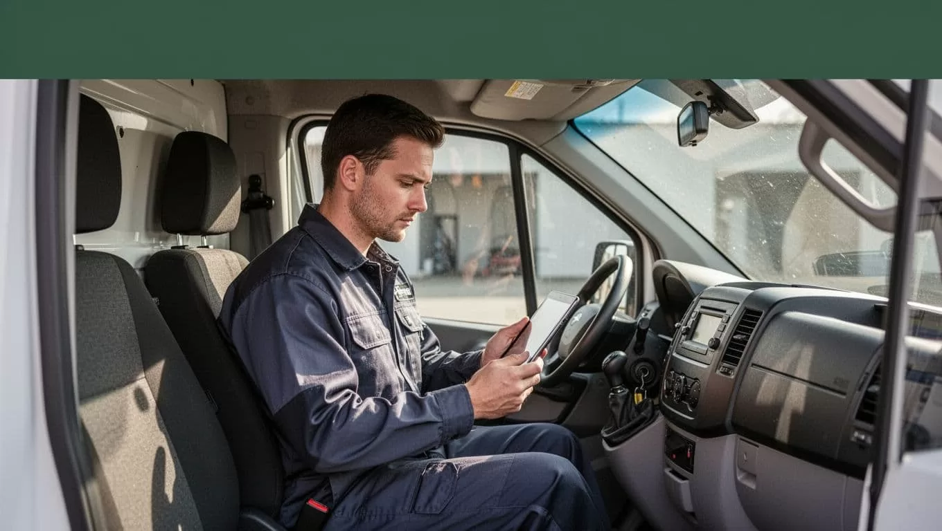 A technician checks a tablet inside a service van beneath a dark green FIELD WORK banner.