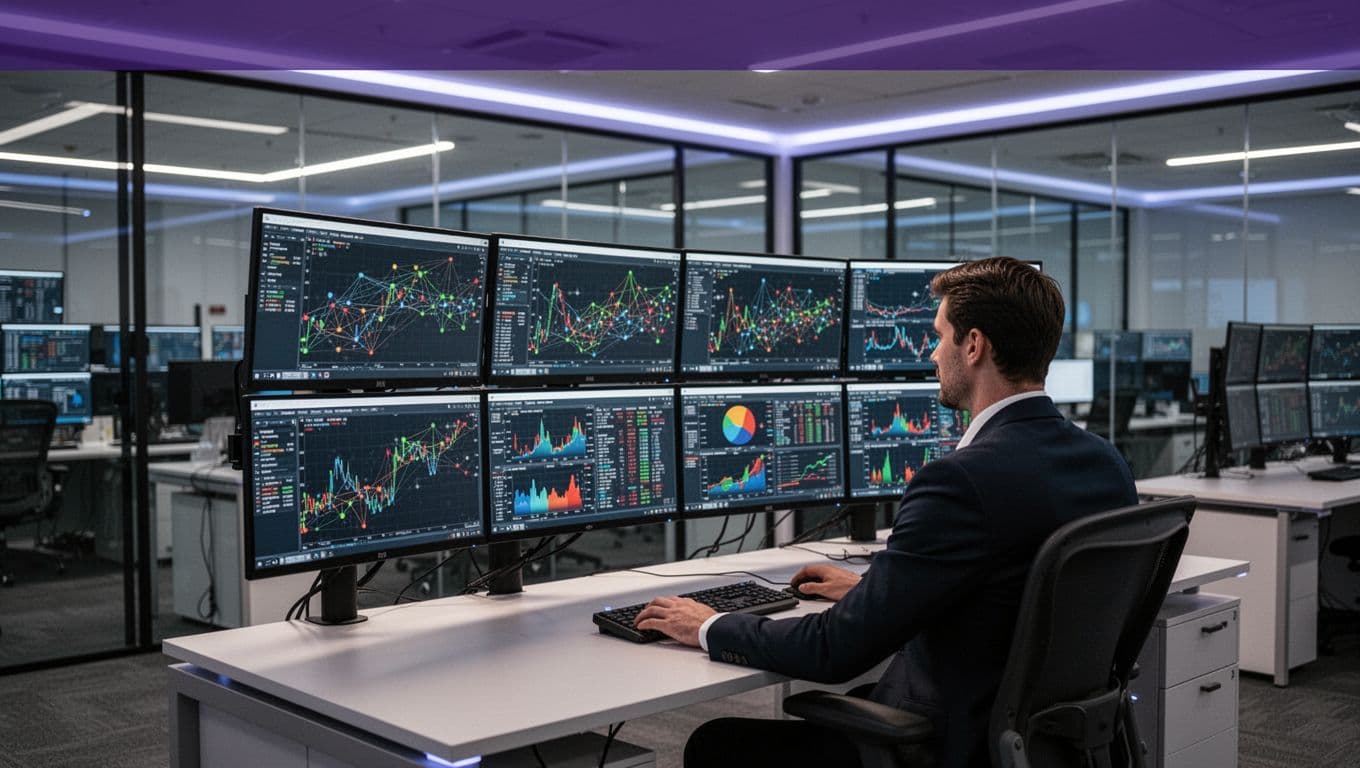 One operator monitors network charts across screens in a modern telecom control room.