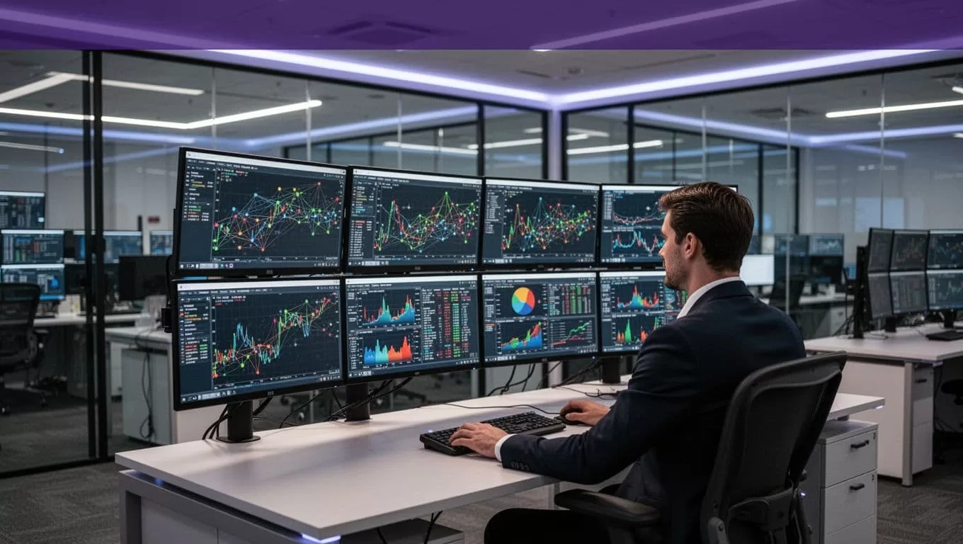 One operator monitors network charts across screens in a modern telecom control room.