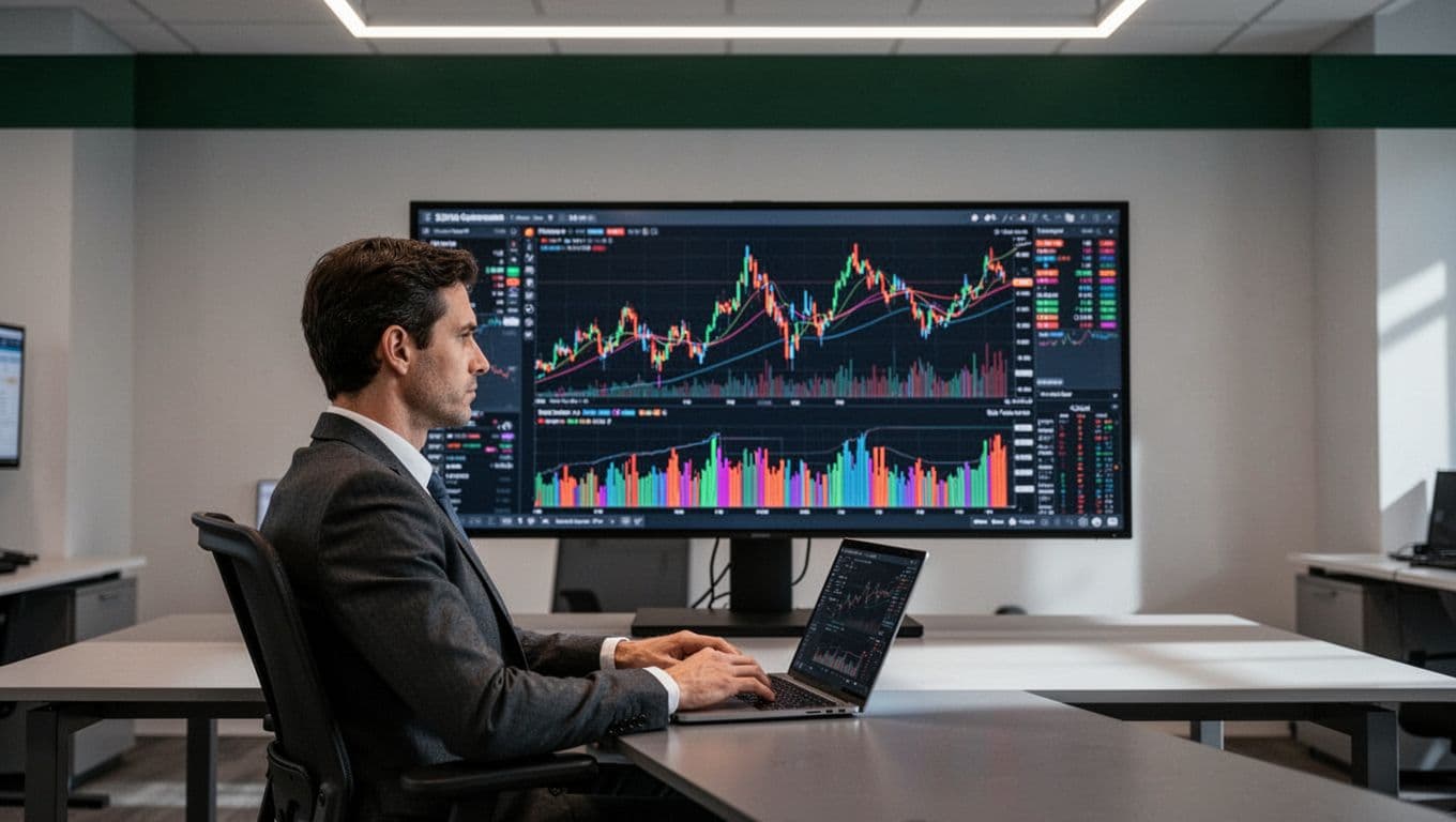 One person views live data charts on a monitor beside a laptop.